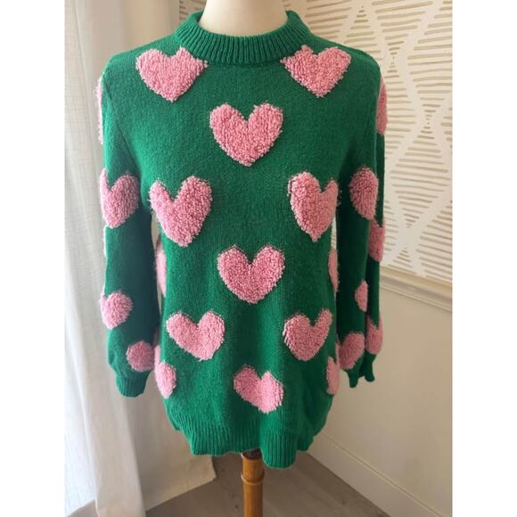 Pink Lily Women’s Small Green and Pink Heart Fuzzy Sweater - Picture 2 of 8